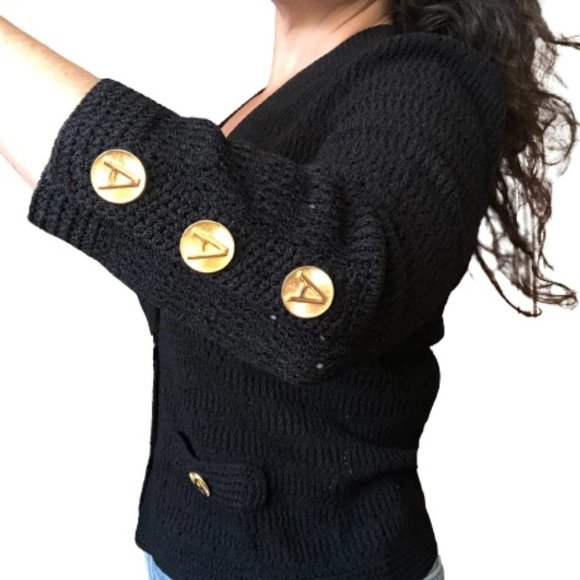 Vtg 70s ADOLFO New York Gold A Button Pointelle Knit ILGWU USA Cardigan Blazer - Picture 5 of 16